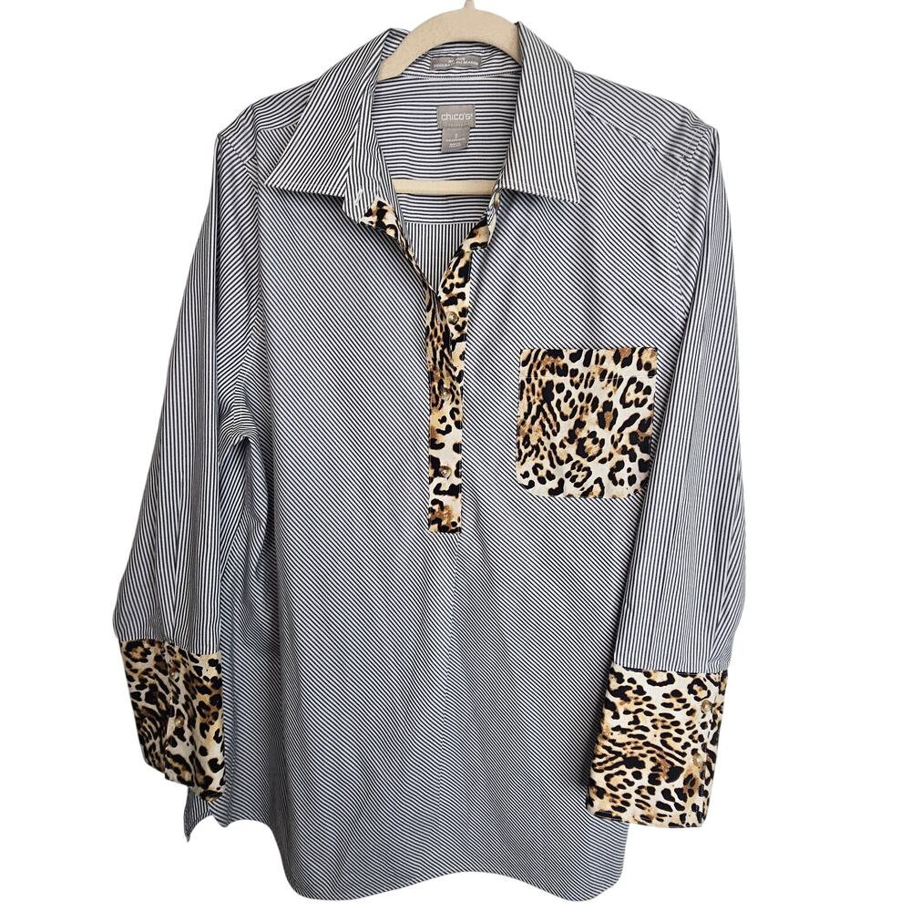 Chicos Tunic Top Coolmax All Season Striped Leopard Women 16/18 Pullover No Iron